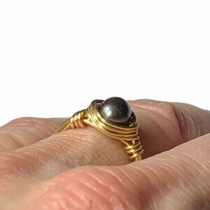 Handcrafted Wire-Wrapped Black Pearl Ring In Gold-Tone Copper Wire Size 7.5